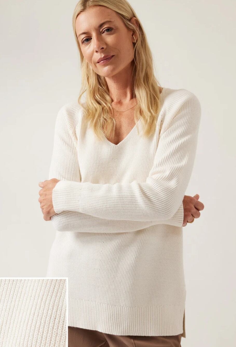 Athleta Hanover Refined V-Neck Sweater Knit Wool Blend Women's L Magnolia White